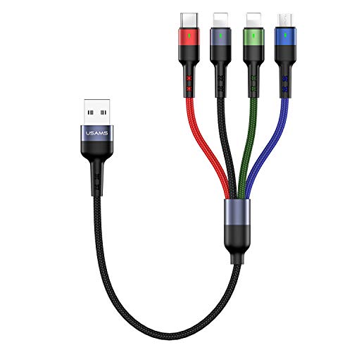 USAMS 2Pack Multi Charging Cable Nylon Braided Short 1FT 4 in 1 USB Charge Cord with Phone Type C Micro USB Connector for Phone/Galaxy and More - color: Multicolored, size: 1ft
