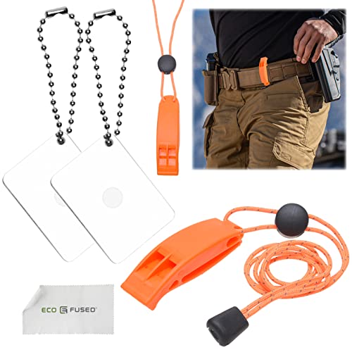 Eco-Fused 2X Survival Whistle and 2X Signal Mirror - Outdoor Survival Kit Rescue Flash Mirror - Clip-on Whistle with Lanyard - Backpacking, Camping, Marine Use, Outdoor Activities