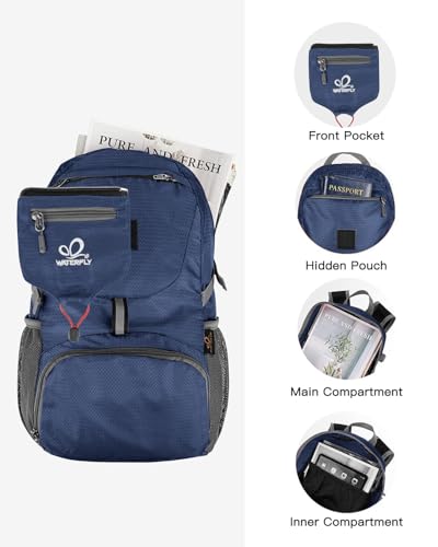 WATERFLY Small Lightweight Packable Backpack: 20l Hiking Daypack Man Woman | 20L,Recycled nylon material,Multi-compartment storage,Water-resistant,Everyday carry,Ultra Light Foldable Travel Day Pack - color: Dark Blue