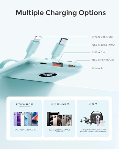 Mini Portable Charger with Built-in Cables 20W Fast Charging Power Bank USB-C Small Battery Pack 10000mAh Travel Essential Slim Battery for iPhone 17/16/15/14, Samsung 25/24, and More | with Built-in Cables Power Bank,USB-C Small Battery Pack Travel Essen