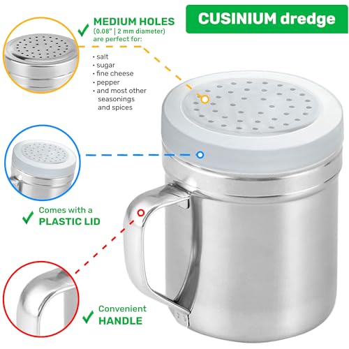 CUSINIUM Metal Salt Pepper Dredge Shakers - With Handle - Seasonings Spice Shakers With Holes and Lids - 10 Ounce, 2pcs | Style: Medium - color: Silver, size: 10 Oz