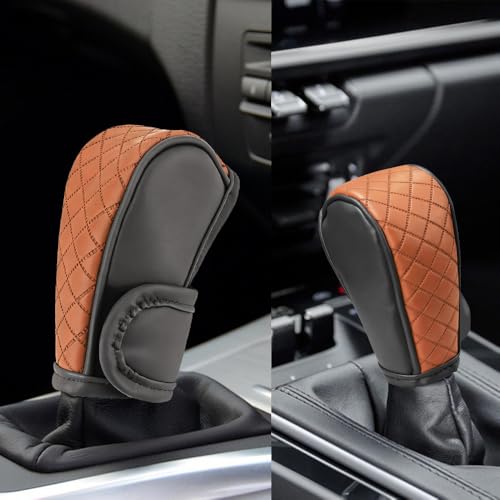 Leather Car Gear Shift Knob Cover, Car Shifter Cover, Anti-Slip Dust Waterproof Gear Shifter Stick Protector, Auto Automatic Shift Knob Handle Protector for Most Vehicles (Black Brown) - color: Black Brown
