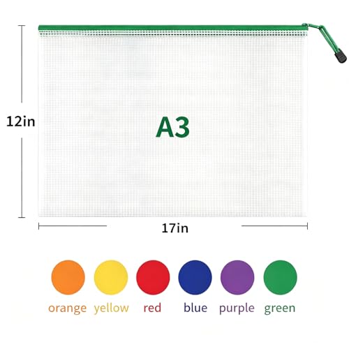 6pcs Mesh Zipper Pouch Bags, A3 17x12 Inches Large Reusable Plastic Zipper Pouches Bag for Organizing Office, File, School, Classroom, Cross Stitch Projects, Puzzle & Board Game Storage Bags - size: A3-6pcs