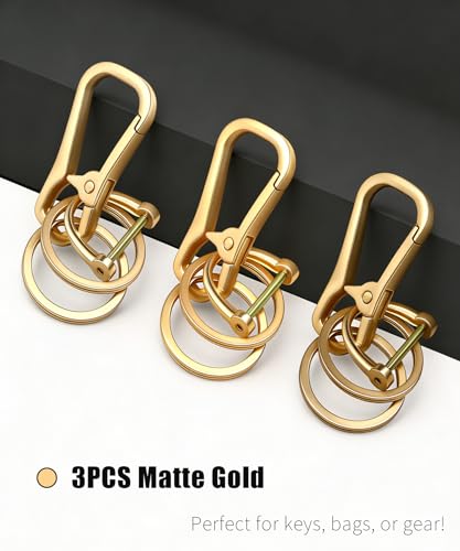 Metal Key Chain Carabiner Clip with Key Ring and D Ring | Heavy duty build, full accessory packs, quick release, multi purpose hook, belt loop holder, separate home and car fob sets - color: 3 Pcs Gold