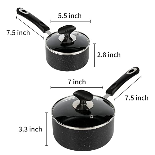 Nonstick Saucepan Set - 1 Quart and 2 Quart,Ultra Non Stick Sauce Pan Small Pot with Glass Lid,Great for Home Kitchen Restaurant,Black - size: 1+2 sets