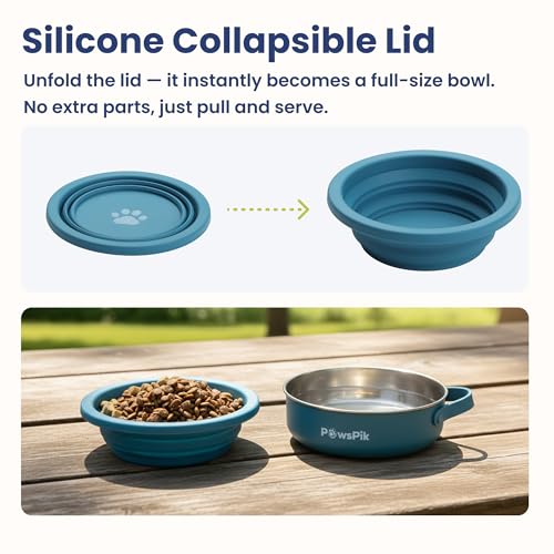PawsPik 2-in-1 Travel Dog & Cat Bowl – Collapsible BPA-Free Silicone - color: Midnight Summit Blue