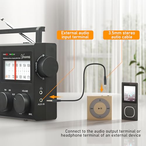 Portable AM/FM Radio with Bass Control, Equipped with a Built-in high-Power Speaker, Headphone Jack, and AUX Audio Input, Supports Battery or AC Power Operation (Black) - color: Black