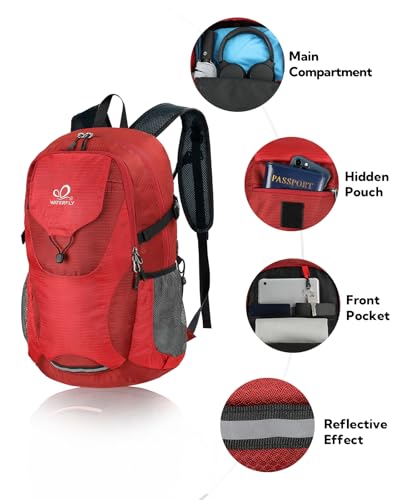 WATERFLY Lightweight Packable Hiking Backpack, 30L Day Pack Red | Foldable, Water Resistant Travel Daypack with Multiple Pockets, Wet Pocket, Ultralight Day Pack for Woman Man, Everyday Carry - color: Red