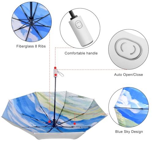 Cuby UV Sun Umbrella Compact Folding Travel Umbrella Auto Open and Close for Windproof, Rainproof & 99.9% UV Protection Parasol with Silver Anti-UV Coating - color: Blue sky