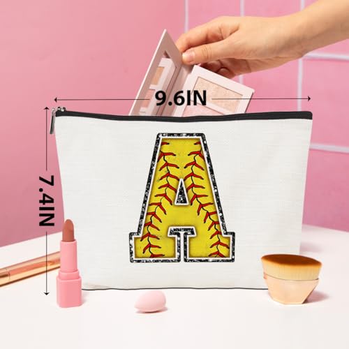 Softball Gifts Initial A Makeup Bag Softball Gifts for Team Cosmetic Bag | Letter A Monogrammed Zipper Pouch Softball Accessories for Girls Women Player Coaches Friend Graduation Birthday Gifts - color: Softball A, style: Softball