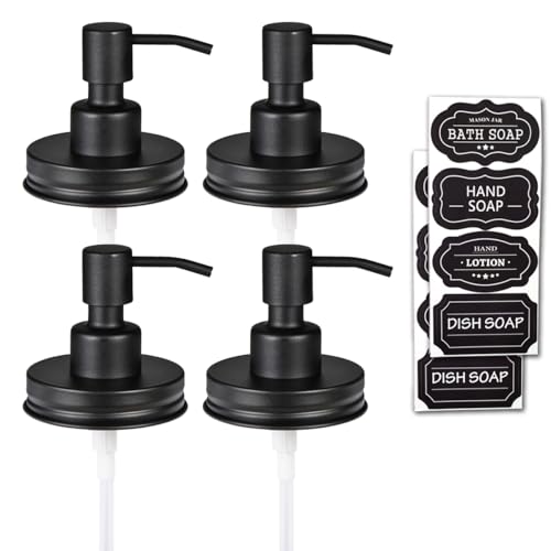 Amolliar Mason Jar Liquid Soap Dispenser Lid, Lotion Soap Pump Black 4 Pack | Stainless Steel Soap Pump 16oz Regular Mouth Jar, Farmhouse Decor, Hand Soap, Dish Soap, Lotion Soap Lid, Extra 2 Long Tubes - color: Black, size: 4 Pack