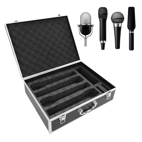 ASHATA Wireless Microphone Carrying Case for 4 Mics Storage, Black | Aluminum Alloy Hard Shell Mic Case with Diced Foam Fits Handheld Wireless Microphone Systems & Accessories
