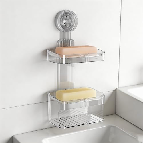 Suction Cup Soap Dish - Clear Suction Soap Holder with High-Density Sponge, Strong Suction & Reusable Adhesive NO-Drilling Waterproof Soap Sponge Holder for Shower Bathroom Kitchen-2 Layer - style: 2 Layer+Sponge