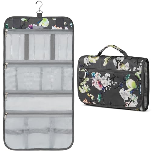 PAVILIA Hanging Toiletry Bag for Women Men Foldable Travel Organizer Floral - color: Grey Floral