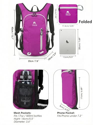 Foldable Small Hiking Backpack with 3 Strap Pockets – Lightweight 300D Spill-proof Daypack for Men Women – Packable Small Travel Backpack with Chest Strap & Trekking Pole Holder – Durable Outdoor Bag - color: Rosered-