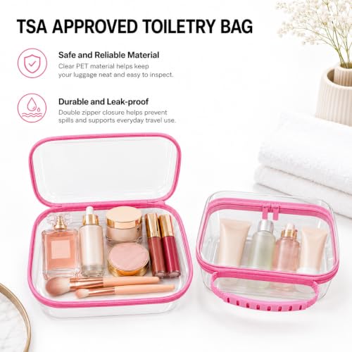 3 Pack Deep Clear Hard Shell Zipper Cases with Handle (Pink) | Travel Toiletry Bag, Waterproof 1.2mm PET Hard Plastic Pouches, Organizer Box for Makeup, Toy, Snack, Stationery, Diaper - color: Pink Handle(L+M+S)