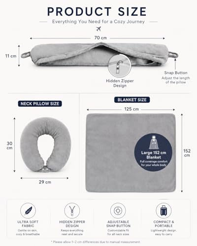 3-in-1 Travel Neck Pillow with Blanket & Carry Bag – Soft Flannel Blanket Set, Convertible U-Shaped Pillow, Compact Travel Kit for Airplane, Car, Camping - color: Blue