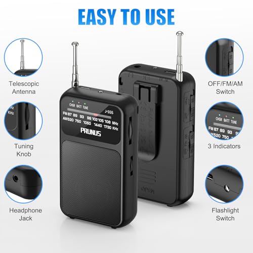 PRUNUS J-555 Pocket Radio AM FM USB-C Charging& Battery Operated, Back Clip - color: Black