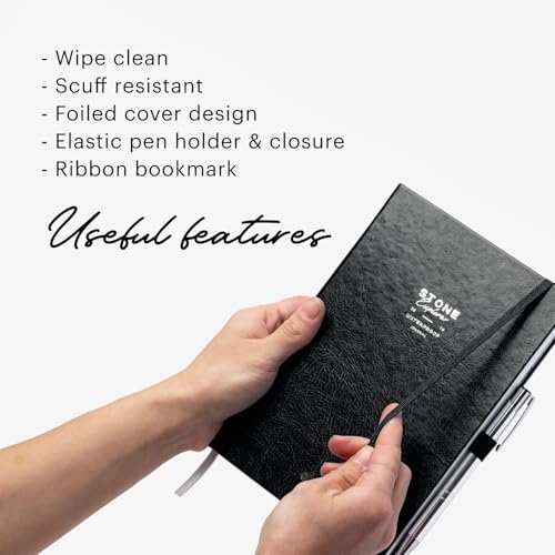 Stone Journal Explorer Notebook – A5 Waterproof Paper Field Journal, Vegan Leather Hardcover, 144 Pages Alternating Ruled & Dot Grid, Back Pocket, Weather-Resistant (Black) - color: Black