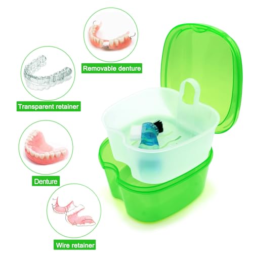 Keedolla Denture Cups for Soaking Dentures, Denture Cleaning Case Retainer Container Mouth Guard Bath Box Holder Case with Brush for Night Guard, Gum Shields and Dental Appliances - color: Green