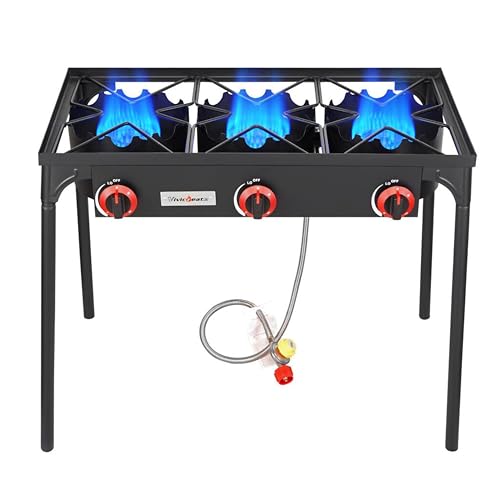 Vivicreate 3 Burner High pressure Propane Stove, 28 Inch Tall Camping Stove with cast iron burner 105000 BTU power, Stable Legs for Outdoor Use - size: trible burner stove