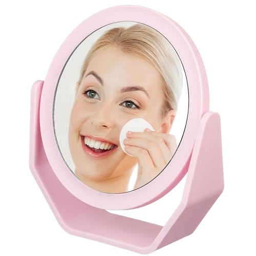 Premium Soft Touch Pink Rotating Makeup Mirror - 1x/2x Magnification - color: Pink, size: 7.2"L x 6.6"W