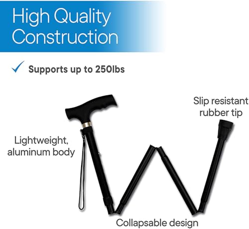Folding Lightweight Walking Stick - Adjustable Aluminum Metal Collapsible Travel Cane with Non-Slip Rubber Base - color: Upgraded-Black