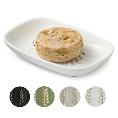 Miamolo Soap Dish for Shower, Soap Holder Raised Design, No More Mushy Soap | Ceramic Soap Saver, Stable Weighted Tray | Large for 2 Bar Soaps, Sponges | for Bathroom Kitchen Sink, Dishwasher Safe, White - color: White, size: Leaf Design