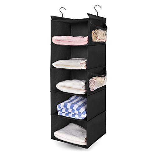 MAX Houser 5-Shelf Hanging Closet Organizer with 4 Side Pockets, Black | Foldable Fabric Hanging Shelves for Closet, Cloth Hanging Shelves with 2 sturdy hanging hooks, Small Space Saver - color: Black