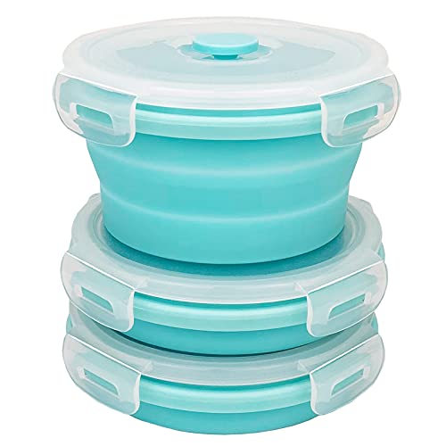CCyanzi 3piece Round Collapsible Bowl with Lids, Silicone Food Storage Containers, Microwave & Freezer Safe, Space Saving for Kitchen Cabinet and Camping Backpack,(Blue) - color: blue