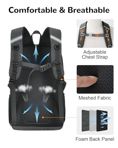 20L Waterproof Hiking Backpack, Lightweight Small Travel Daypack | for Women Men, with Chest Strap, Padded Shoulder Straps, Breathable Backpanel, Multi-Hanging Point, for Travel Hiking Outdoor - color: Black