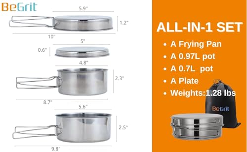 BeGrit Stainless Steel Camping Cookware Pot and Pan Set for Backpacking | 1.72lbs 8-piece stainless steel camping cook set with folding handles. Includes pots, pan, plates & cups for 1-2 people - color: Silver 4pcs