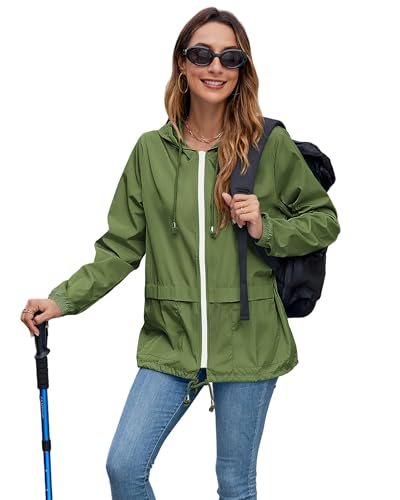 Hount Women Rain Jacket Lightweight Waterproof Packable Raincoat with Hood - color: Army Green, size: Small