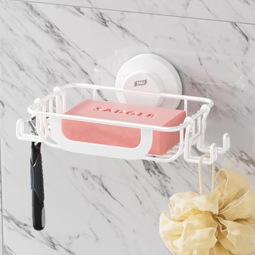 TAILI Soap Holder, Soap Dish Suction Cup with Hooks, Stainless Steel, White | Soap Dish for Shower, Bathroom Bar soap holder Shower Wall, Stainless Steel Sponge Holder for Tub Kitchen - color: White