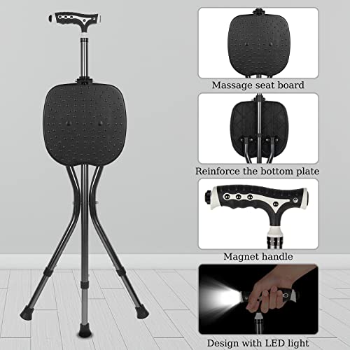 Yayayo Hold 440 lbs Folding Canes with Seat Walking Stick Height Adjustment Cane Seat Capacity Frosted Handle with Magnetic Therapy Stone Crutches Stool - color: Square LED