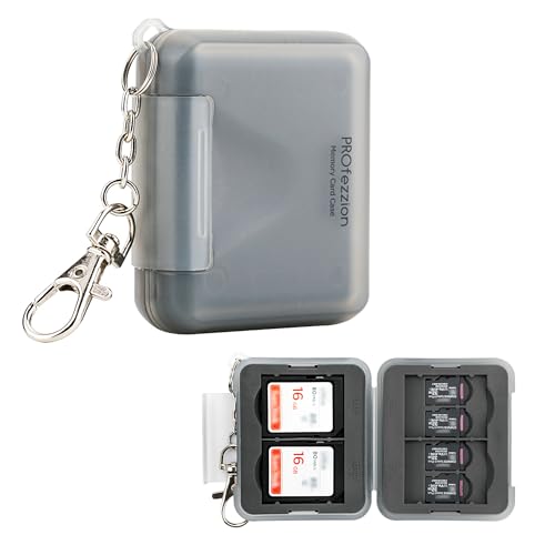 PROfezzion SD Card Holder Case for 4 SD/SDXC/SDHC & 8 microSD TF Memory | Small and Portable, Water-Resistant, Hard Shell with Soft Rubber Interior, Memory Card Organizer Storage Box with Keychain - color: Grey - 12 Slots