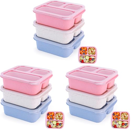 Rinwoc Bento Box [Portion Size], 9 Pack Snack Containers with 3 Compartments for Meal Prep & On-the-Go [School, Travel], Lunchable Container Reusable and BPA-Free - size: Small (Pack of 3)