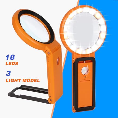 Magnifying Glass with Light and Stand, Foldable Handheld Magnifying Glass 18 LED Illuminated Lighted Magnifier for Macular Degeneration, Seniors Reading, Close Work, Coins, Jewelry Orange - color: Orange