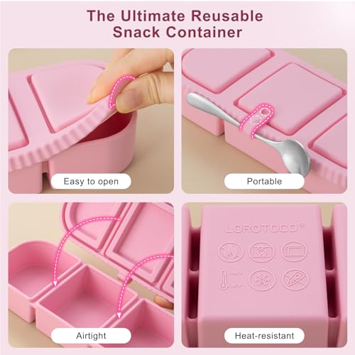 2Pack Silicone Reusable Snack Containers with Lids | Small 3-Compartment Snackle Box |Perfect for Kids Lunch, Sauce, Food Storage at School, Work, Travel - color: 3-Compartment (2-Pack)-Apricot,pink