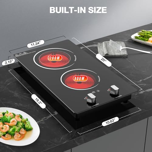2 Burner Electric Cooktop, 2100W Electric Stove Top Hot Plate 12'' | Countertop Burner & Built-In Stove Top, 9 Levels of Power, Knob Control, Timer & Kid Safety Lock, Residual Heat Warning - size: Double Electric Cooktop