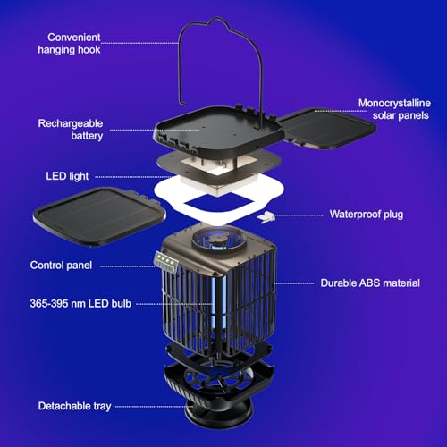 ZENO Solar Bug Zapper, 3-in-1 Waterproof Mosquito Killer & LED Lantern | Dual folding solar panels & USB rechargeable battery. Portable, efficient indoor/outdoor insect trap for camping, yard, patio