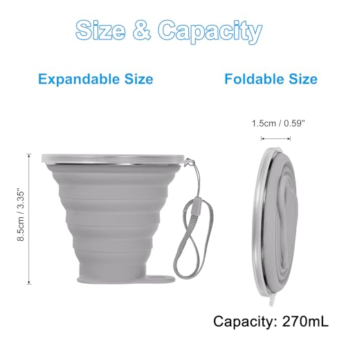 PATIKIL Collapsible Travel Cup, 2 Pack 270mL Travel Folding Cup with Lid Silicone Portable Drinking Cup for Traveling Camping, Gray - color: Gray
