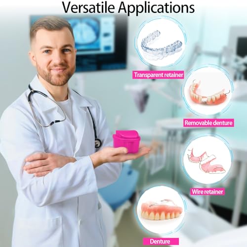 Denture Cup Retainer Cleaning Case False Teeth Soaking Container with 2 Brushes, Dental Retainer Cup Holder Case Denture Soaking Storage Box Case - White & Rose Red - color: White & Rose Red