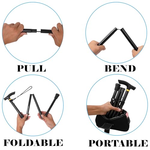 Folding Lightweight Walking Stick - Adjustable Aluminum Metal Collapsible Travel Cane with Non-Slip Rubber Base - color: Black