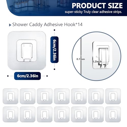 Shower Caddy Adhesive Replacement Hooks, Strong Waterproof Strips, No Drilling for Bathroom Shelves, Kitchen Racks, and Soap Holders (Transparent-14 Pack 1Hook) - color: Transparent-14 Pack 1Hook