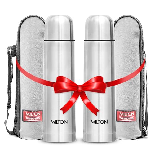 Milton Flask 34 oz Insulated Water Bottle with Cover, Flip Lid, Set of 2 | Stainless Steel, Double Wall Vacuum Insulation, Keeps Drinks Hot & Cold up to 24 Hours, Leak Proof, Silver - size: 34 oz - Set of 2