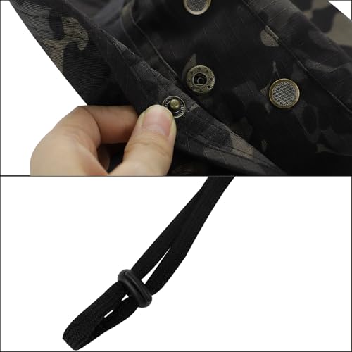 2PCS Camo Boonie Hat Balaclava Face Mask Wide Brim Sun Hat for Hunting Hiking Bucket Cap with Adjustable Strap - color: Black