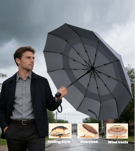 MRTLLOA Compact Golf Umbrella, 10 Ribs Vented Windproof Travel | 49/54/62 Inch Large Oversize, Double Canopy, Quick-Dry Fabric, Lightweight, Umbrellas for Rain - color: Gray, size: 62 Inch