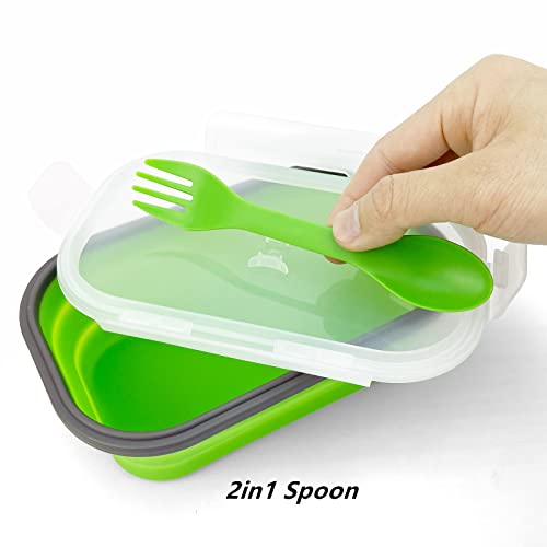 Green Food Grade Silicone Lunch Container Bento Box, Collapsible Food Storage Containers with Airtight Lids and 2in1 Fork, Reusable Food Container for Travel Camping, 1000ml Microwave Container