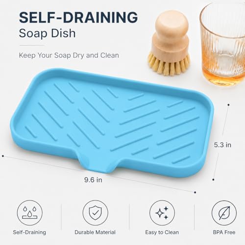 MicoYang Silicone Soap Dish with Drain Spout — Self-Draining Sink Organizer Tray for Bathroom & Kitchen, Sponges, Dispensers & Soap Holder, Non-Slip & Dishwasher Safe, Light Blue (Medium, 9.6"×5.3") - color: Light Blue, size: M(9.6"×5.3")